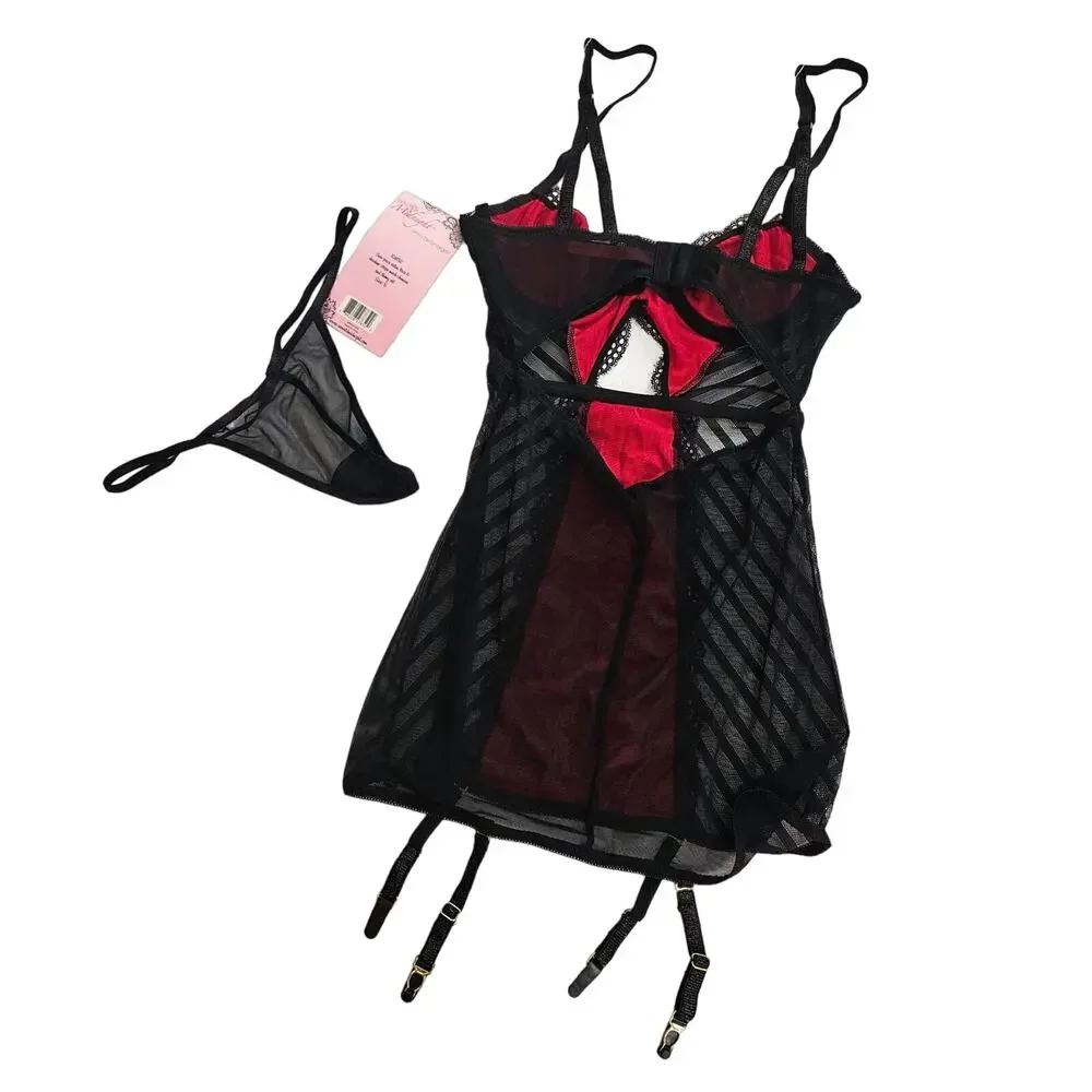 Seven 'til Midnight Starstruck Satin Lace Shadow Stripe Mesh Chemise Women Small